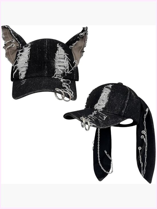 Distressed Denim Y2K Grunge Hat with Bunny Ears and Cat Ears Adjustable main image 7